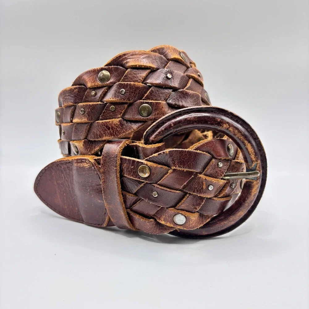 Vintage Wide Braided‎ Brown Leather Studded Belt Round Buckle Mahogany 1.75in OS